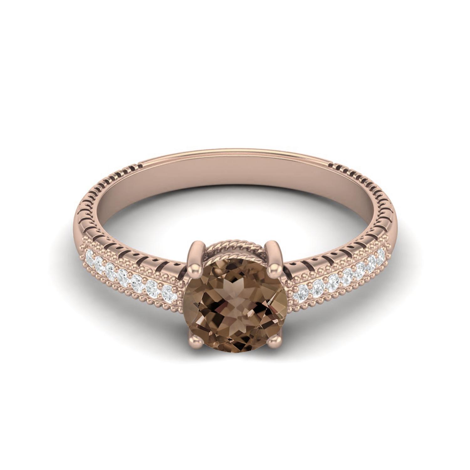 0.97 Ctw Round Smoky Quartz 925 Sterling Silver Rose Vermeil Solitaire Women Wedding Ring 9