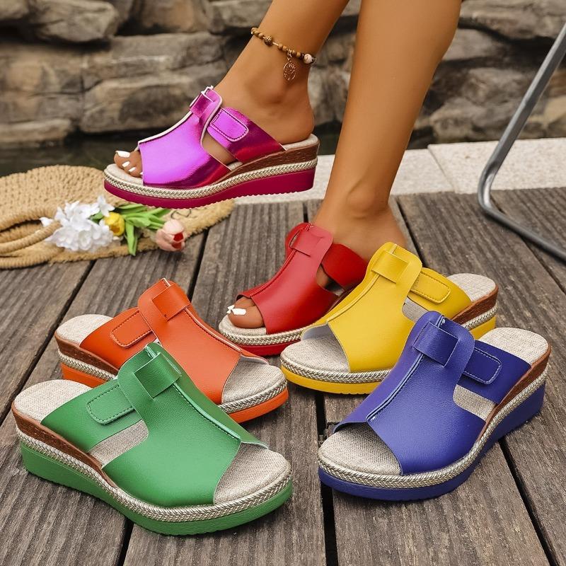 Ein-Wort-Keilabsatz-Fischmaul-Sandalen Damensandalen Schnürsenkel Strand Große Größe Sommer Beliebt Schnalle Neues Modell