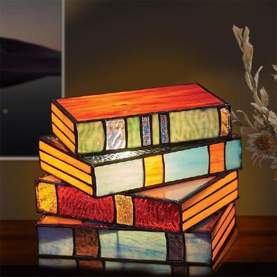 Vintage Stained Glass Stacked Books Lamp USB Reading Book Nightstand Night Light Resin Table Lamp for Home Ornaments