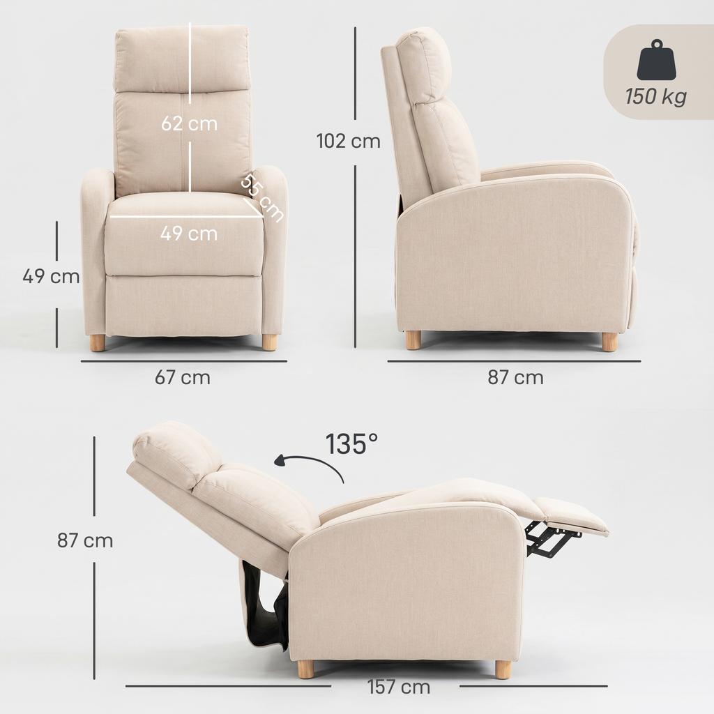 Manual Recliner Chair Up To 135 Degrees Linen Upholstery Pocket Spring Footrest High Backrest And Wooden Legs Beige