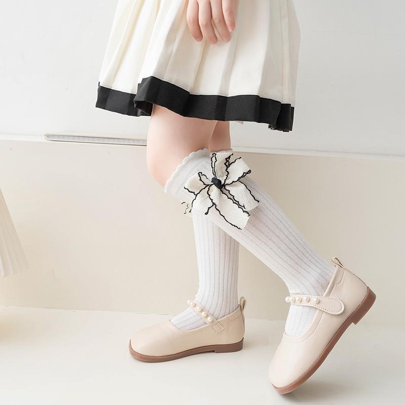 Children's Socks Summer Lolita Wooden Ear Mesh Ribbon Large Bow Mid-tube Socks for Girls