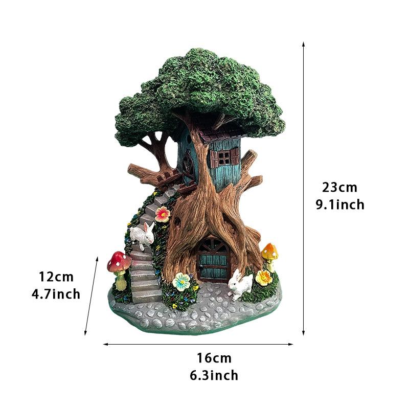 Solar Lamp Elf Tree House Resin Statue, Garden Elf House Statue, Fairy Tale Landscape Sculpture Ornament, Courtyard Home Desktop Decoration