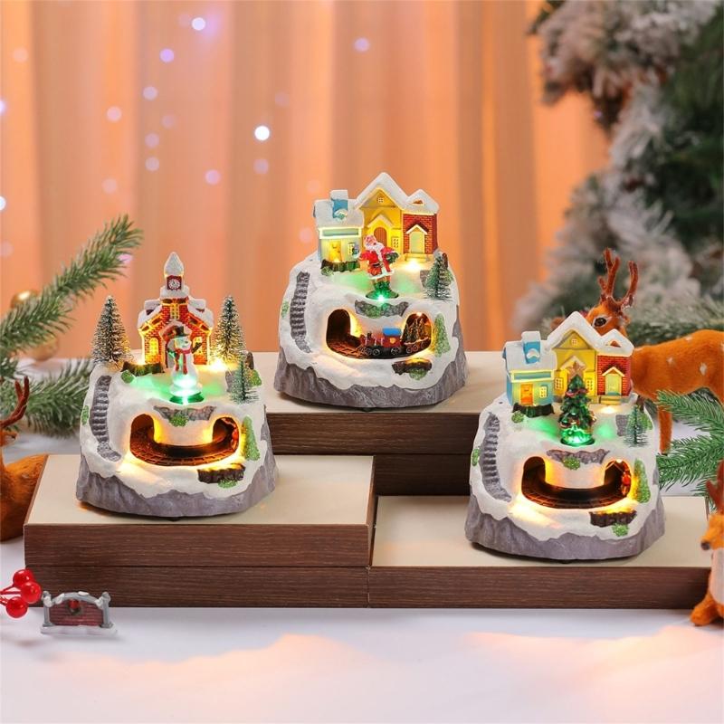 LED Light Christmas Village Scene with Santa/Tree Musical Lighted Christmas Collection Figurines for Home Decors