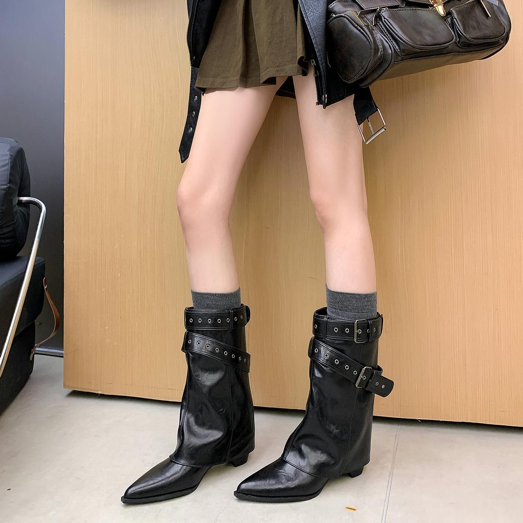 Cowhide version~ pointed retro Spice Girls Belt Buckle Pants Boots Thick Heel Temperament Short Boots Women's Skinny Western Cowboy Boots