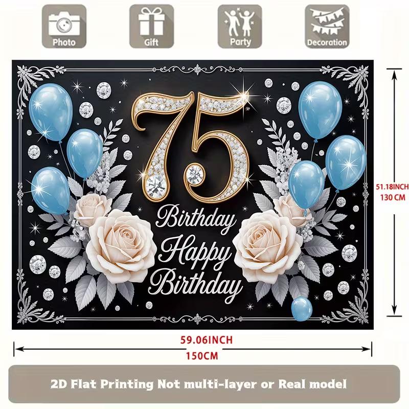 Elegant 75th Birthday Tapestry, Blue Balloons & Sparkle Background