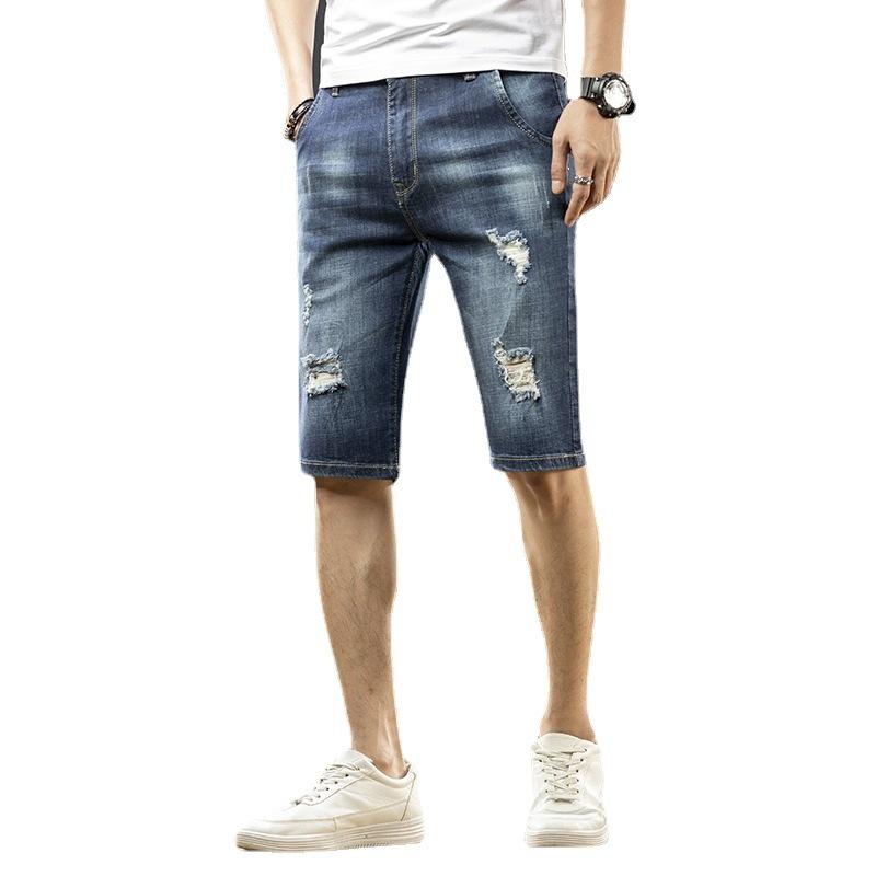 Summer Thin Men's Elastic Perforated Jeans Men's Korean Loose Straight Casual Split Pants Men's