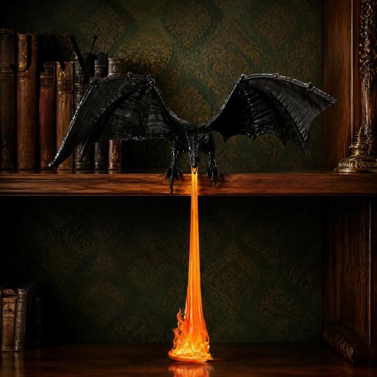 Mythical Creature Statue Dragon Bookshelf Nook Light with LED Flame Effect, Fantasy Shelf Decor, Wooden Clamp Flying Display Ornament for Study