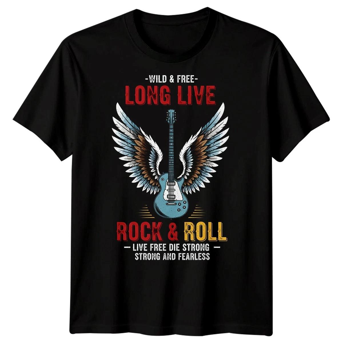 Wild & Free Long Live Rock & Roll Guitar Wings Mens Rock Music T-Shirt M
