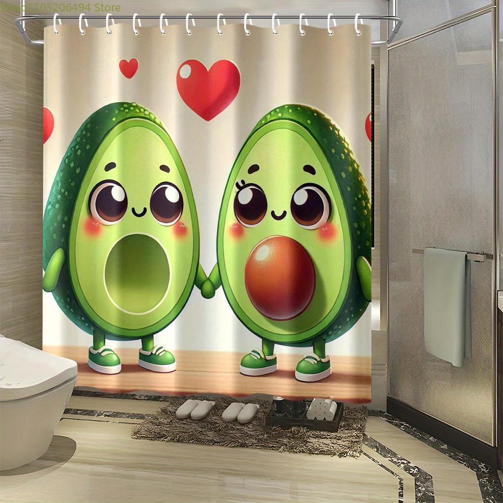 A Single Avocado Cartoon Printed Shower Curtain, Measuring 177.8X177.8 Cm, Includes 12 Hooks, Made of Polyester Fabric, Easy T