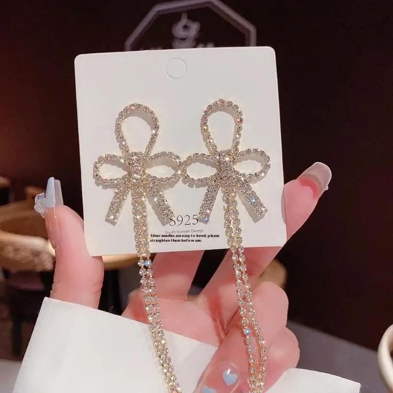 1 Pair Dangle Earrings Bowknot Shape Shining Rhinestones Lady Earrings Heart Imitation Pearls Tassel Jewelry Accessory