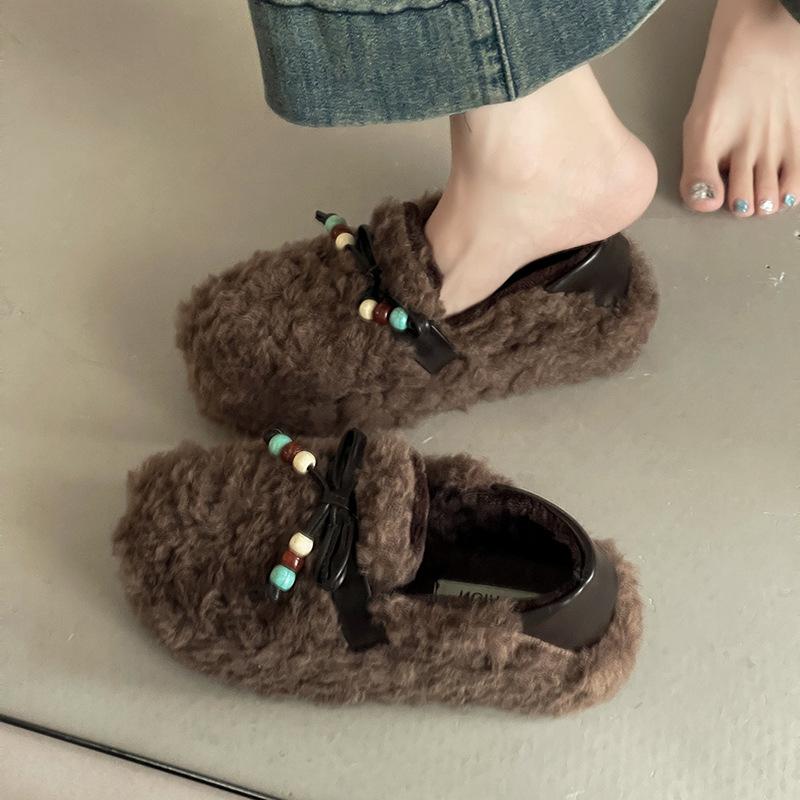 Fashion retro style beaded bow splicing Mao Mao single shoes women's winter 2025 new temperament outer wear cotton shoes