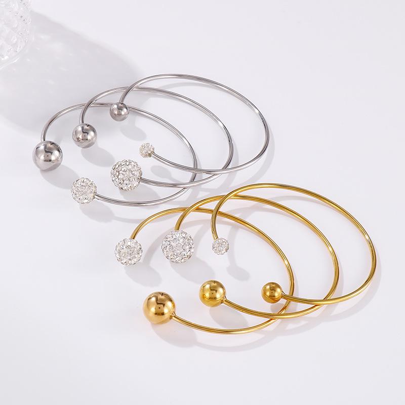 Titanium Steel Openable C-Shaped Bracelet with Diamond Round Beads