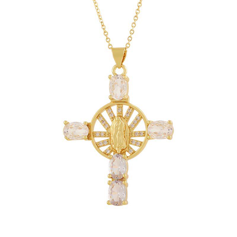 Copper Plated 18K Gold Cross Pendant Necklace with Multi-color Zircon Embellishments