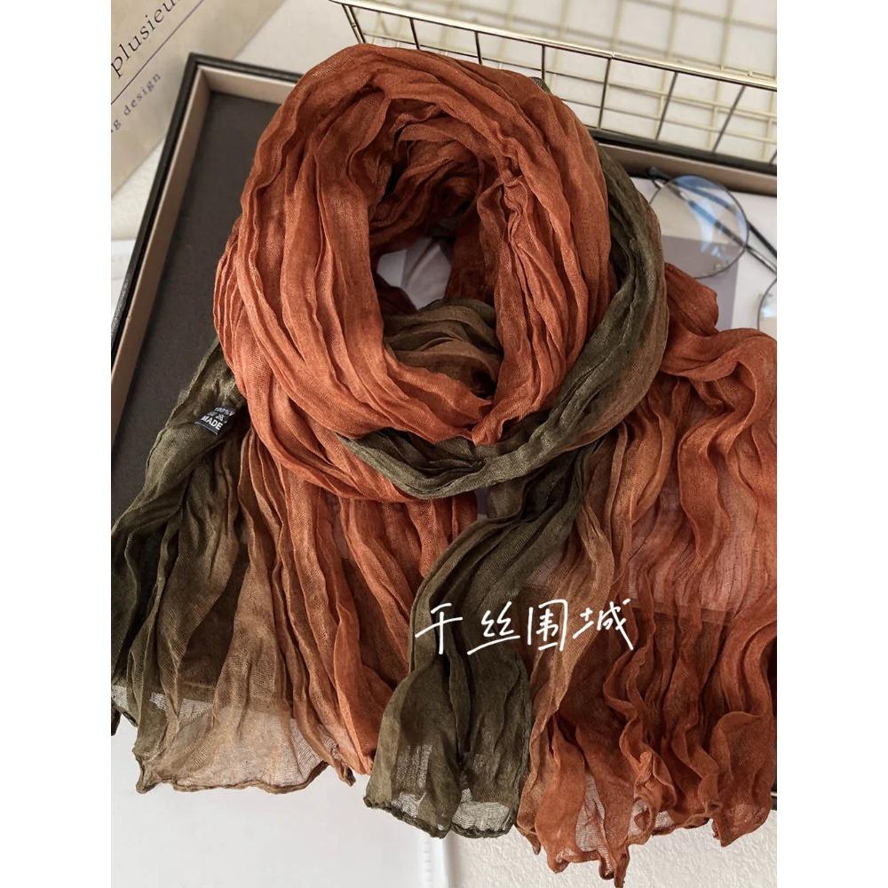 New Scarf Cotton Hemp Hand Feel Gradient Blue Autumn Winter Retro Versatile Printed Women's Long Fold Shawl Soft Fashionable