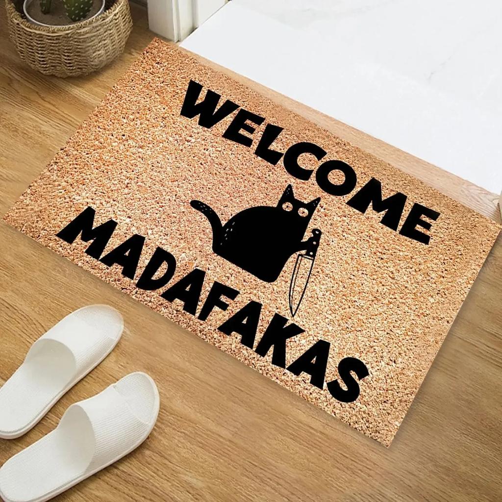 Black Cat Welcomes Madafakas Printed Doormat Home Decor Fun Kitchen Bedroom Rug Indoor Outdoor Entryway Doormat