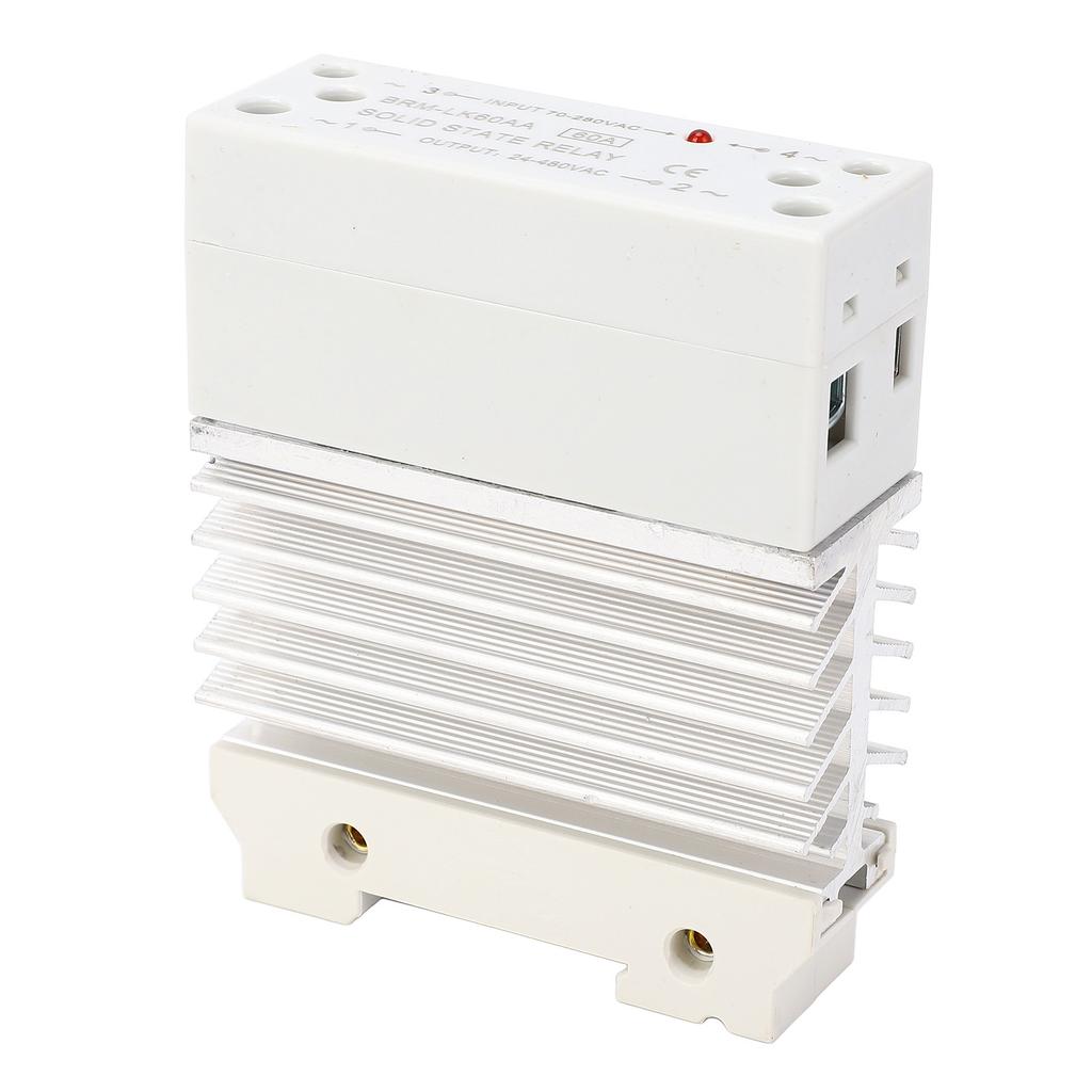 Single Phase SSR Module, 60A   State Relay, 70-280V AC to 24-480V AC, with Heat Sink for Standard 35mm Rail Mounting Design, Moisture Resistance