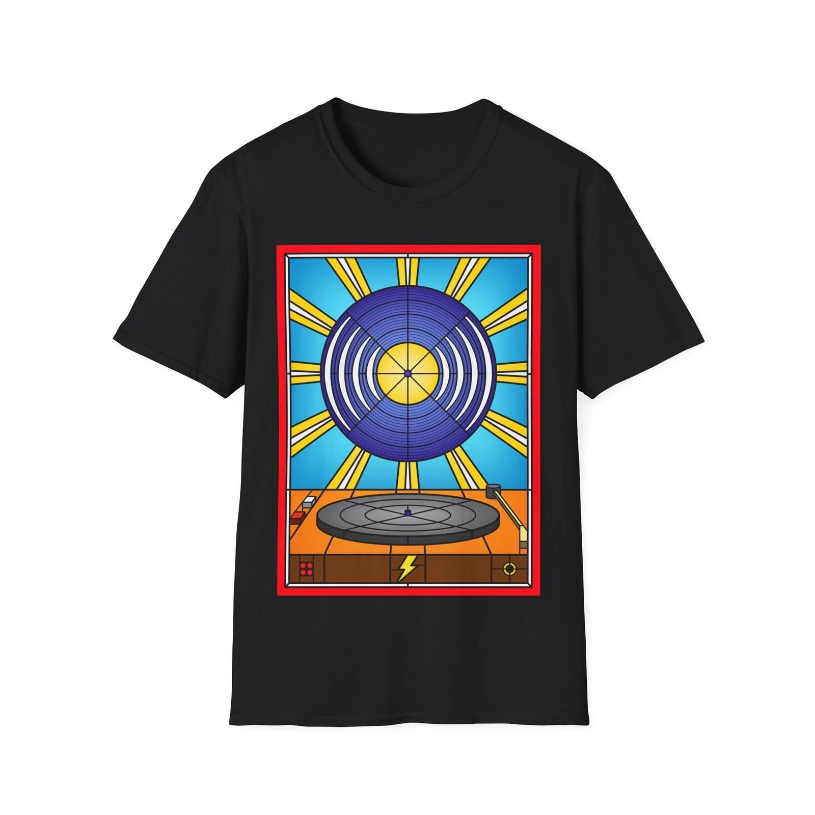 Stained Glass Vinyl Album T-Shirt, Retro Music Graphic Tee, Regular Fit Top 2XL