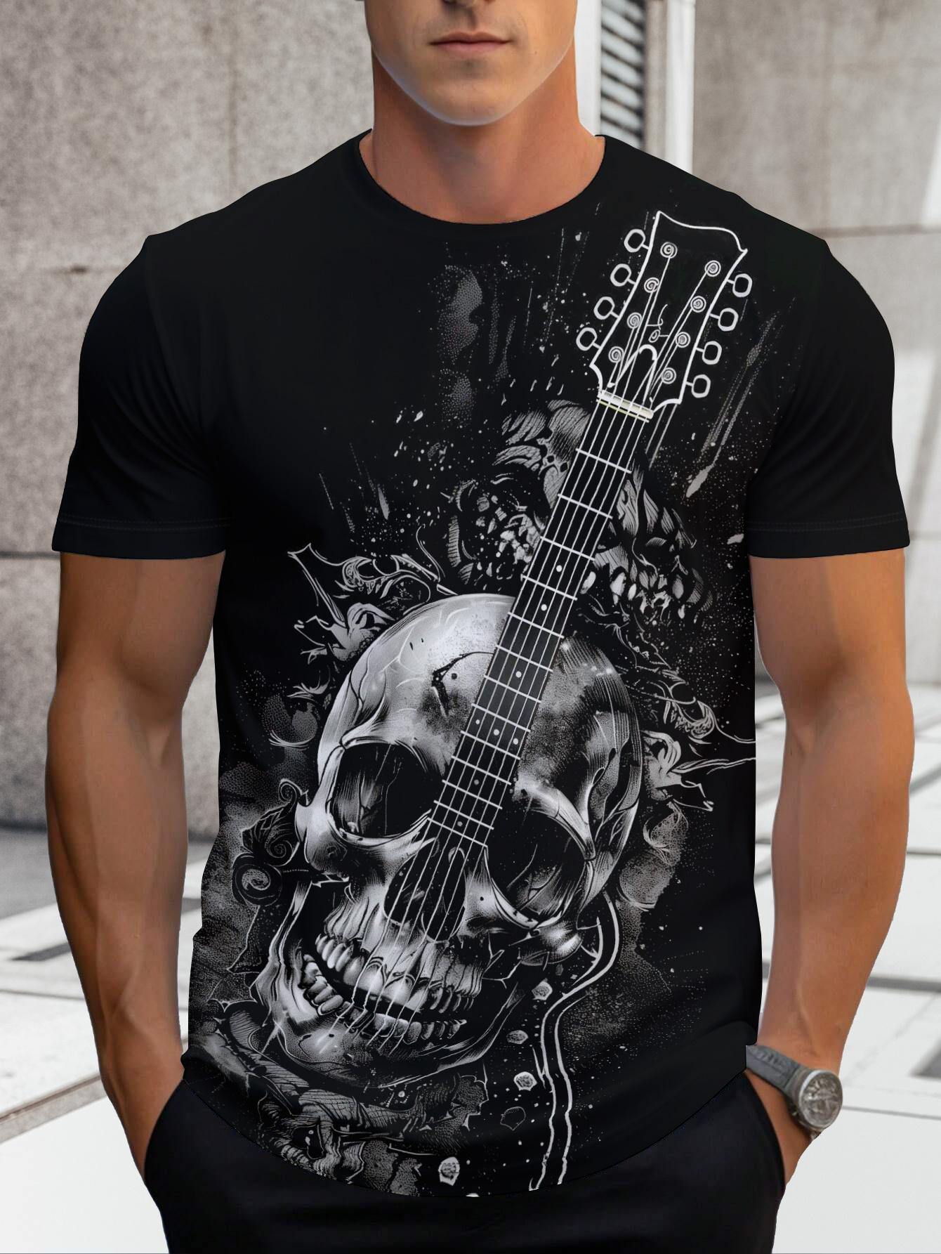 Quick-Dry Men s Short Sleeve Tee with Rock Style Skull & Guitar Prin S