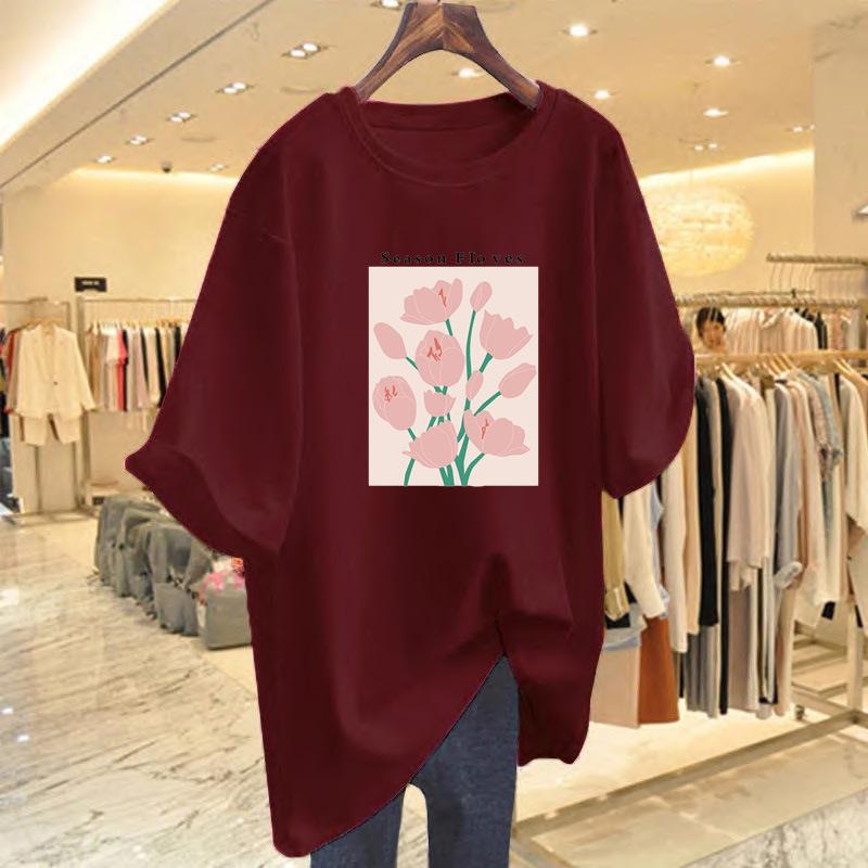 

Pure cotton artistic sense pink short-sleeved t-shirt summer new flower print gentle wind Korean top female ins sweet XXXL
