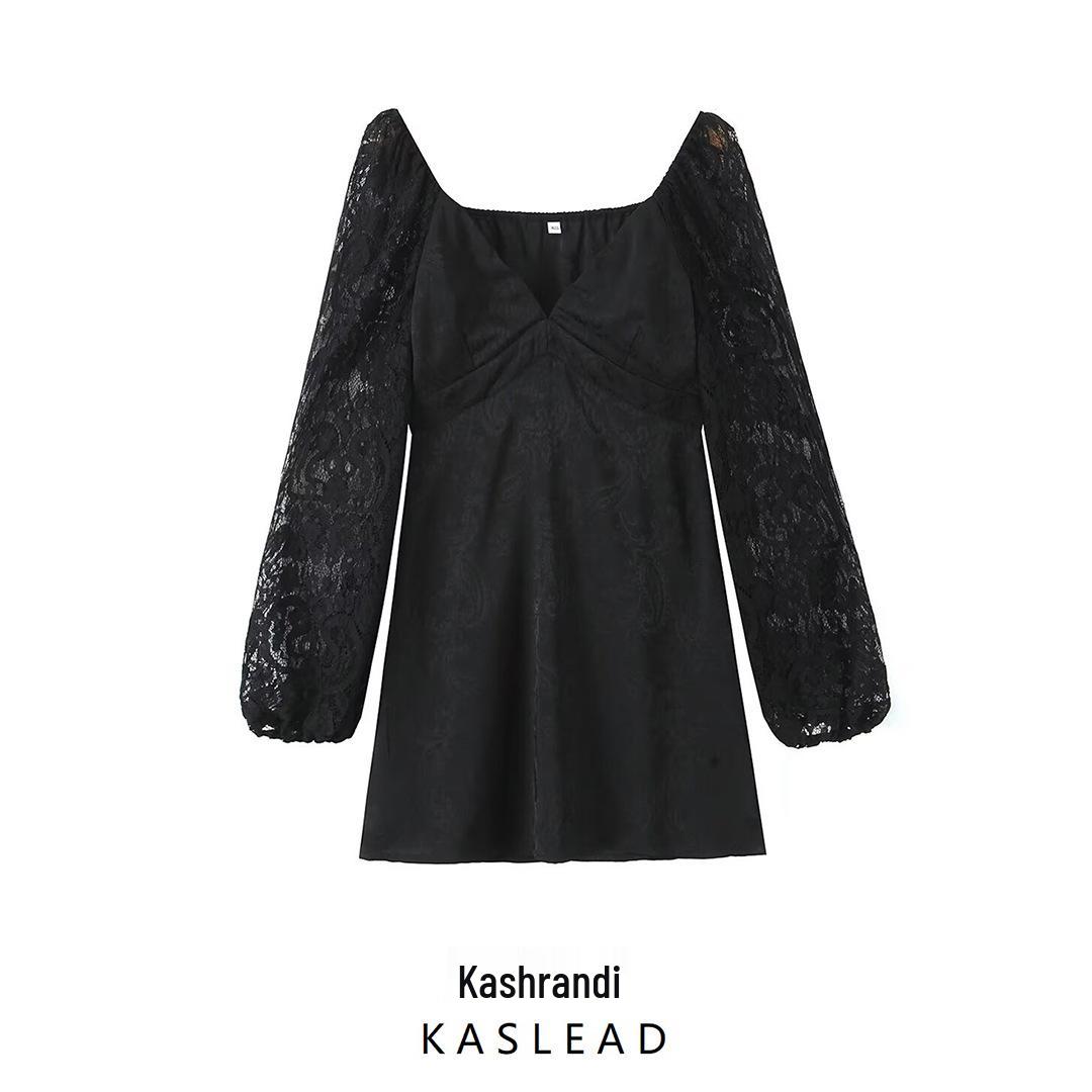 

Spring 2025 Women s European & American Styled Square Neck Lace Dress Small чёрный