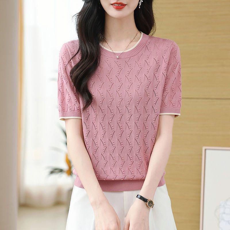 Summer Women's Round Neck Knitted T-shirt Women's Knitted Sweater with Hollow Out Thin Design Slimming Top