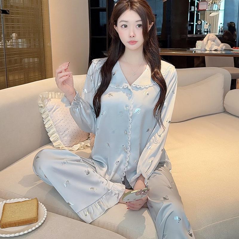 Pajamas women's light luxury ice silk spring and summer thin long-sleeved trousers cartoon suit Internet celebrity ice and snow silk loose loungewear