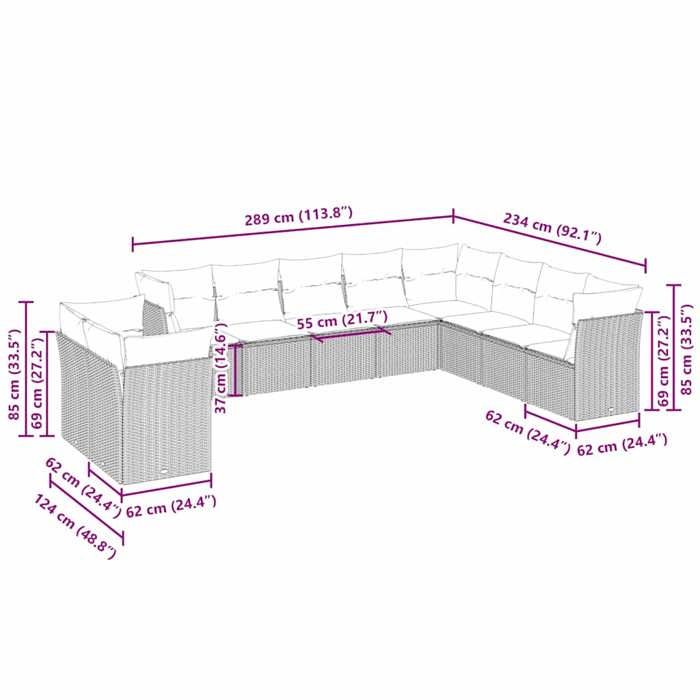 VidaXL Garden Lounge Set with Cushions 10 Pcs, Sofas with Adjustable Feet, Outdoor Furniture Set Patio Terrace, 3217862