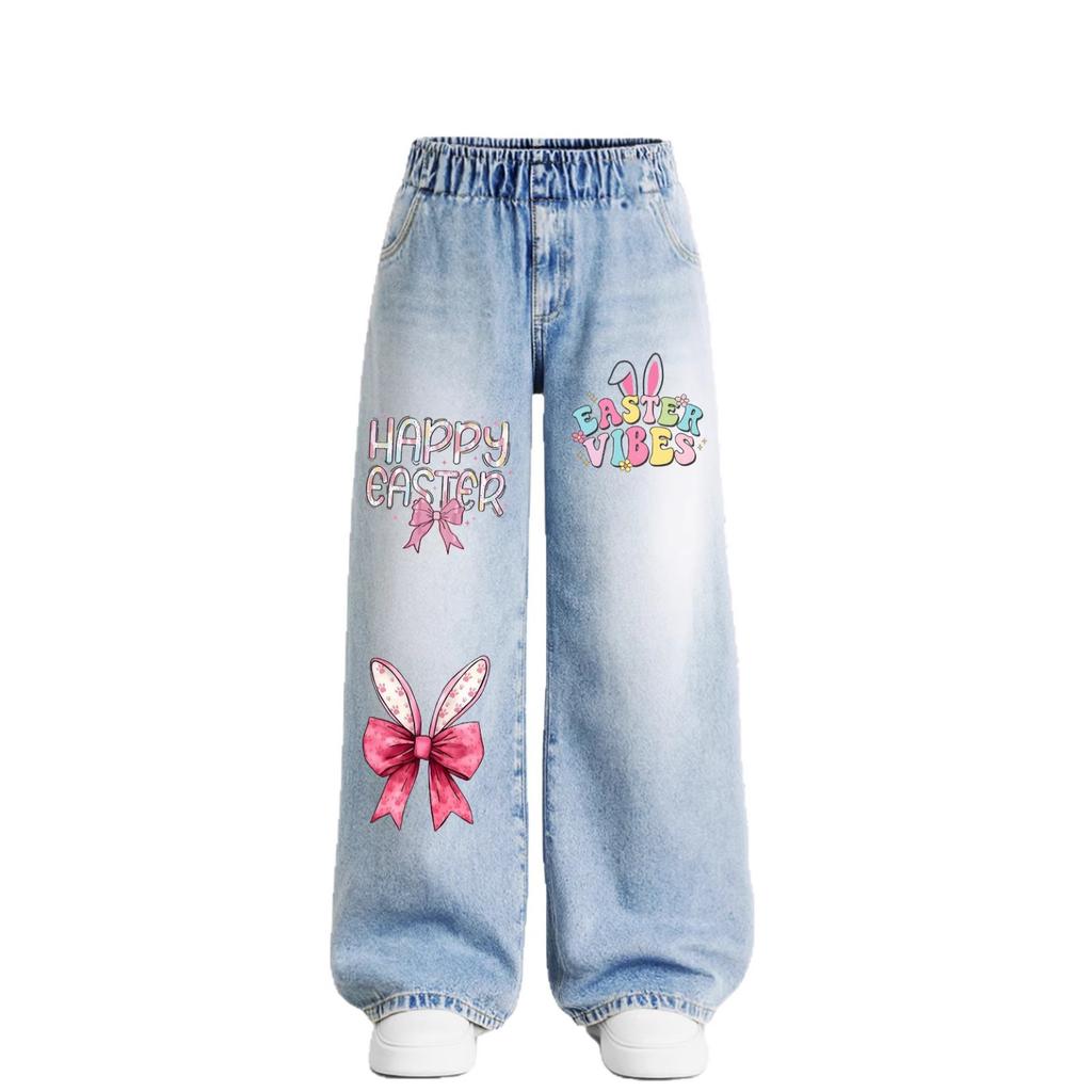 Girls' Fashionable Easter Cartoon Rabbit Printed Denim Pants - Spring/Summer Children's Casual Denim Pants