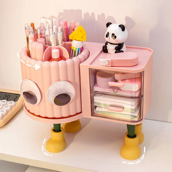 Cute Rotating Pen Holder with Drawer 2-in-1 Large Capacity Desktop Organizer for Kids Girls Multifunctional Storage And Sorting Box