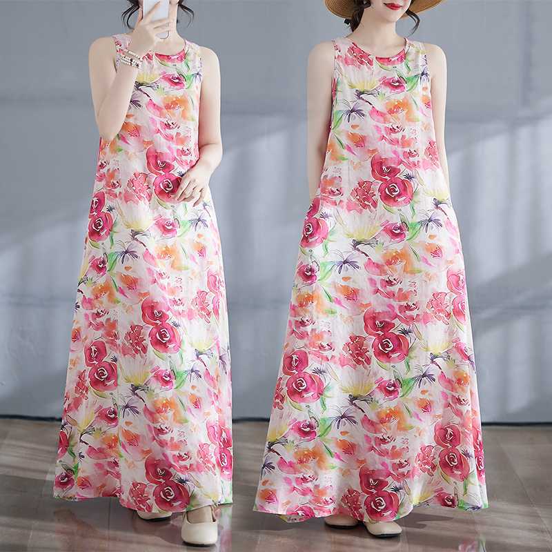New Boho Long Dress Summer New Style Add Fat To Increase Sleeveless Crew-neck Print Dress