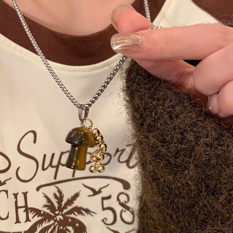 

Модный кулон из титановой стали с пятнистым тигровым глазом, грибом, ожерелье, аксессуары для женщин, высокая чувственность, длинная цепочка для свитера, цепочка на шею