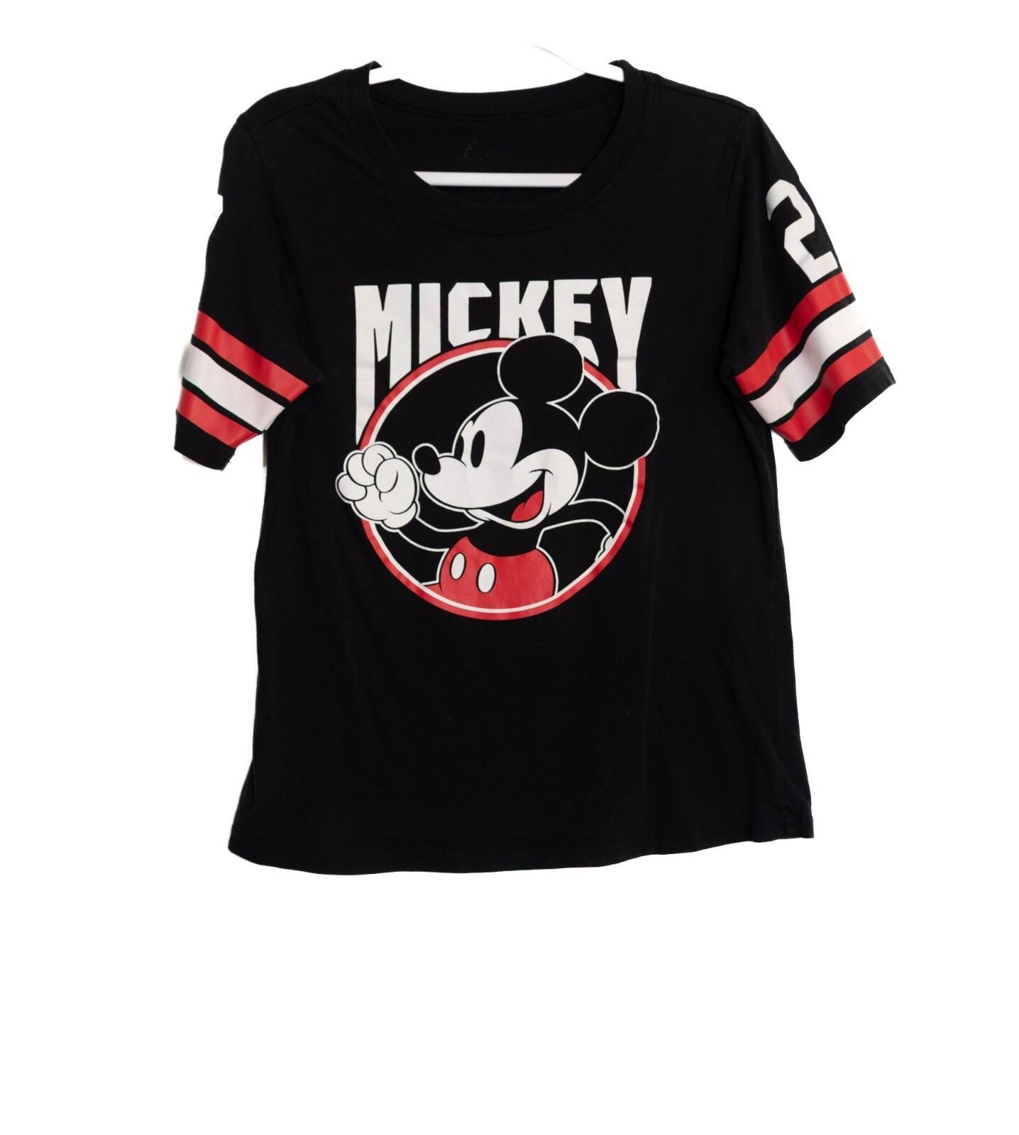 Mickey Mouse Black Graphic T-Shirt With Red White Striped Sleeves Size S M