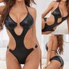 European and American Sexy Women's Black Patent Leather One-Piece Lingerie