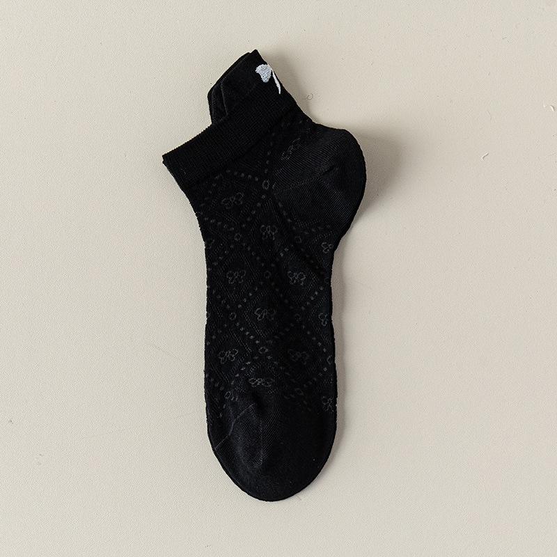 Women's Summer Thin Bow Embroidered Mesh Breathable Boneless Short Cotton Socks