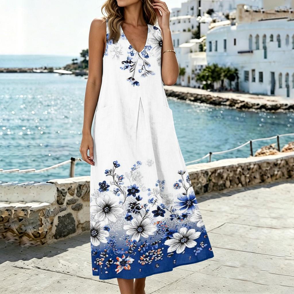 Women's Sleeveless V Neck Midi Dress with Pockets Split Hem Floral Print Linen Cotton Blend Summer Casual Dress