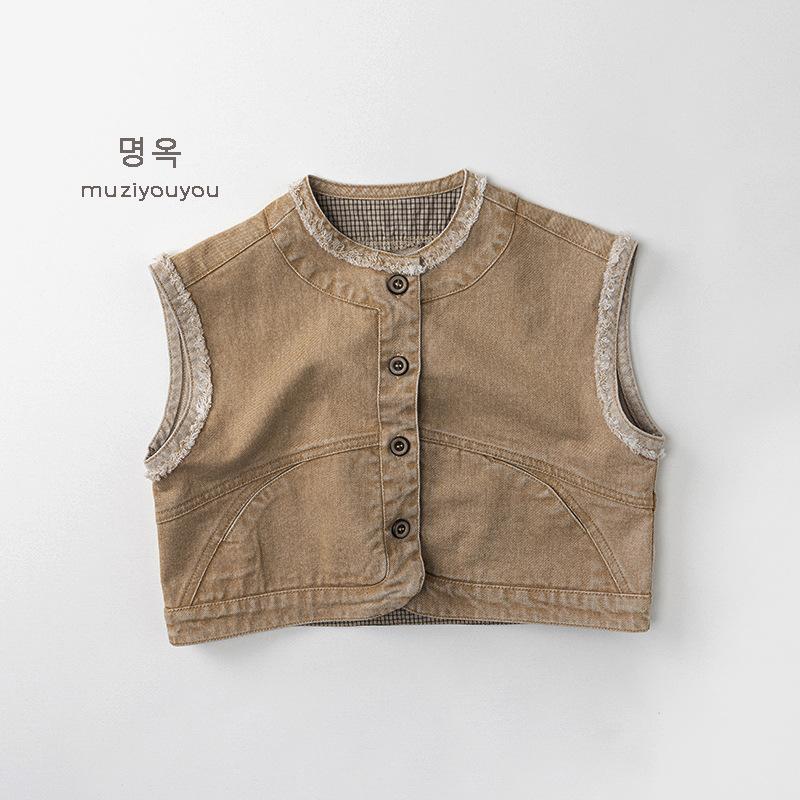 Vintage Unisex Kids Solid Sleeveless Cardigan Vest Casual Baby Outerwear