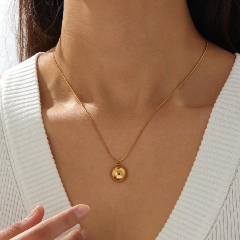Gold Plated Stainless Steel Herringbone Chain Necklace with Round Dome Pendant for Women