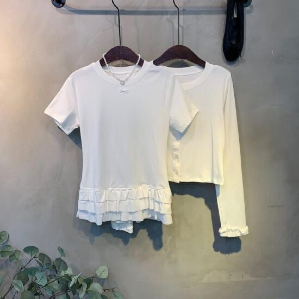 C S In The Room Ribbon 3 Tier Layered Short Sleeve Tee Frill Cardigan Set 2Color
