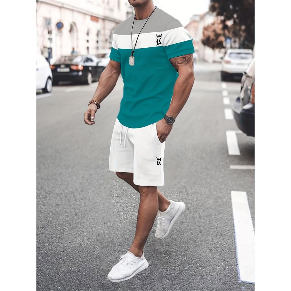 New Men's Short-Sleeve Athletic Shorts Set Crew Neck T-Shirt With Drawstring Shorts Stylish Streetwear Two-Piece Set