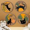 Wooden Cat Wall Art 4Pcs 3D Boho Decoration, Round Hangings, Animal Star Sun Moon Retro Orange Decoration Botanical Decor, Layered Wood