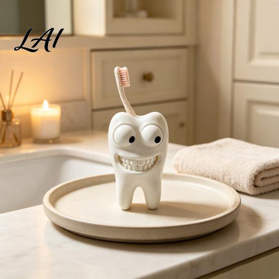 Novelty Bathroom Decor 3D Printed Smiling Tooth Toothbrush Holder Funny Dental Desk Figurine Counter Organizer Creative Shaped Storage Stand