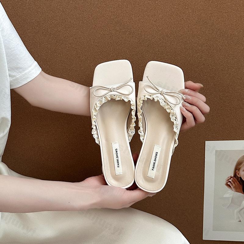 Fashion 2025 Summer New Women's High-heel Casual Sandals Elegant French Style Lace Bow Open Toes Slippers Comfortable Fashion Cool Shoes
