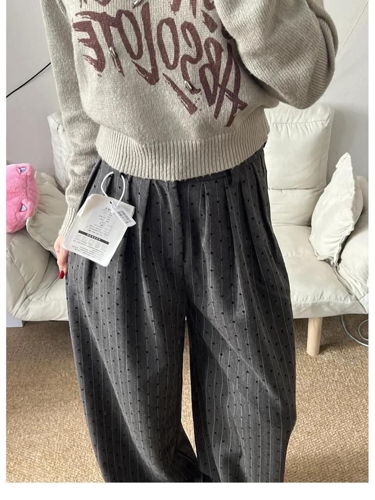 Gray Heart Flocked High Waist Wide-Leg Casual Pants for Women - Spring/Autumn 2025