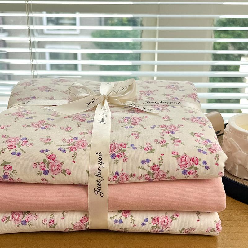 Ins Floral Print Bedding Set Knitted Cotton Flat Sheet Set Four Pieces Duvet Cover Double Layer-yarn 4Pcs Lovely Fitted Sheet