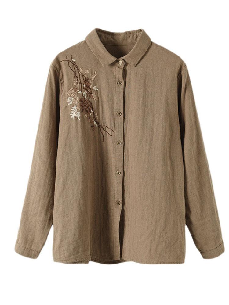Johnature Women Vintage Embroidered Cotton Blended Shirt Turndown Collar Casual Long Sleeve Blouse Spring Loose Shirts