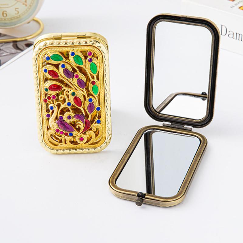 Foldable Retro Handheld Makeup Mirror Peacock Printed Compact Pocket Mirror Double Sided Rectangular Makeup Dressing Mirror