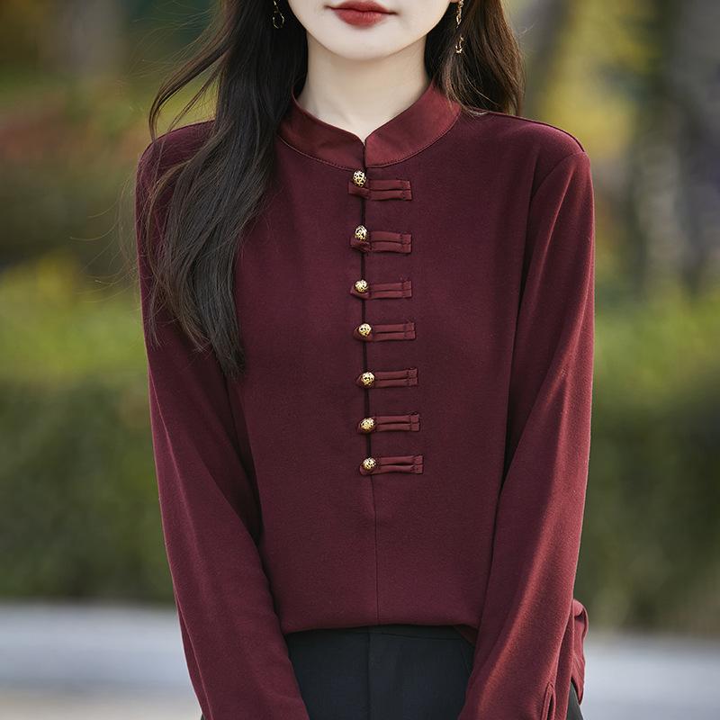 

Ретро рубашка-базовый слой на пуговицах со стойкой, новая облегающая женская модель с длинным рукавом и множеством пуговиц для весны, осени и зимы XL темно-красного