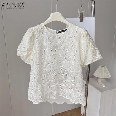 Women Casual O-neck Short Sleeve Hollow Embroidery Patchwoek Loose Blouse