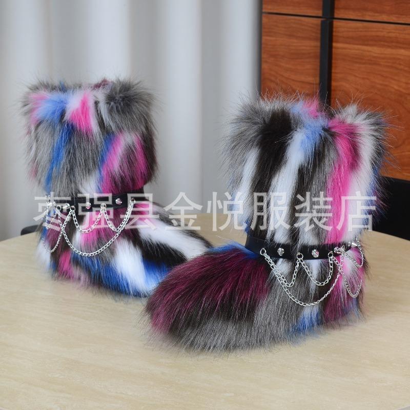 Fox Fur Snow Boots Autumn and Winter Warm and Cold Thickened Medium Tube Imitation Fur Boots Fashion Wool Boots