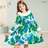 Girls White Furry Collar Long Sleeve Green Blue Leaf Printed Bow Waist A Line Flared Dress